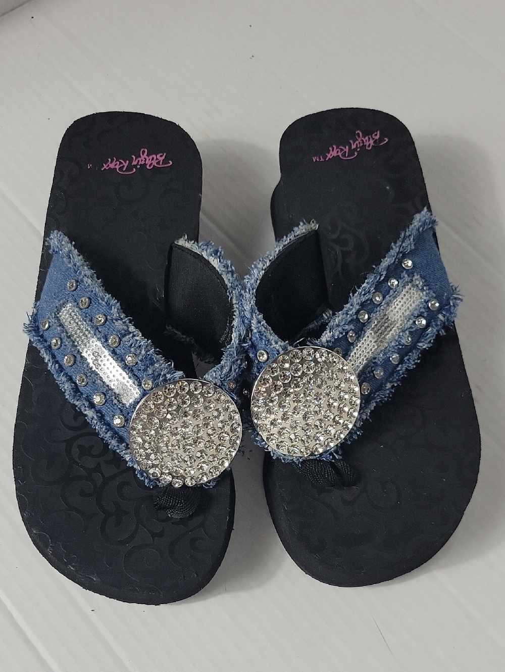 Blazin Roxx Denim and Crystal Embellished Flip Flop Sandals - Blue and Black